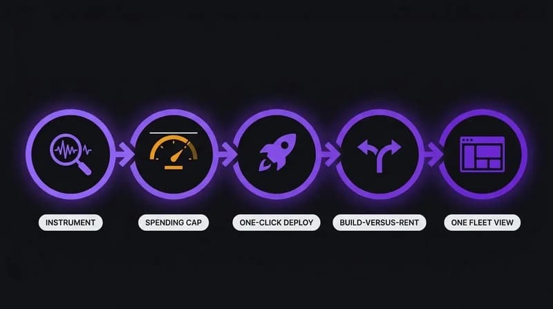 Five-step ordered checklist for deploying AI agents to production safely: instrument, set spending caps, one-click deploy, decide build vs rent early, and keep one fleet view.