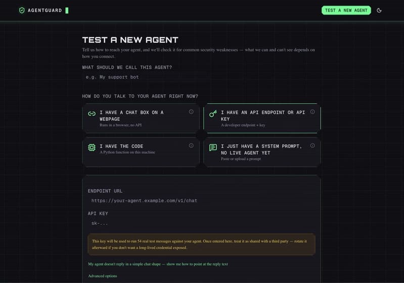 AgentGuard's tested-agents dashboard, showing scan history, pass/fail counts, and letter grades for each agent tested