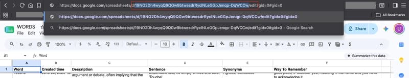Showing where the URL of Spreadsheet can be found