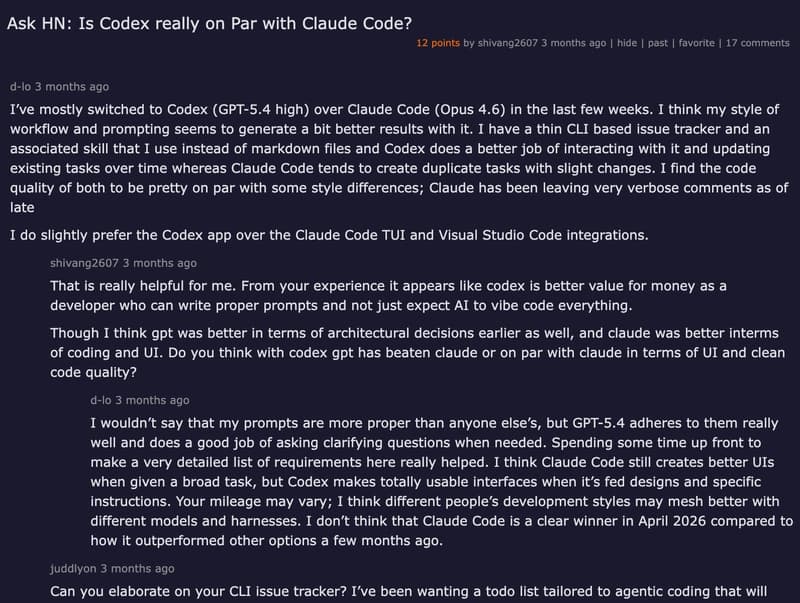 Hacker News thread — Ask HN: Is Codex really on Par with Claude Code?