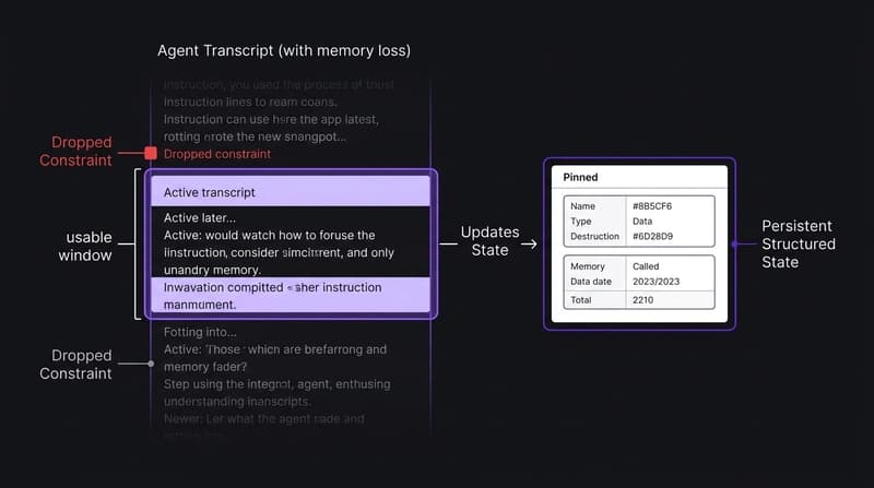 A long agent transcript where early constraints fade out of the usable window while a structured state block stays pinned and intact.