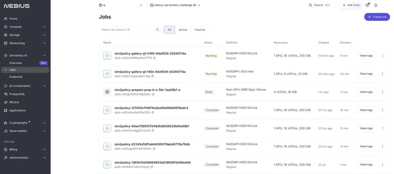 Nebius Serverless AI Jobs console
