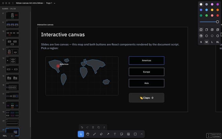 The interactive slide — an SVG world map with a pulsing region pin, plus working buttons and a claps counter