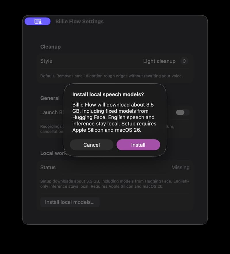 Billie Flow's Install local speech models dialog says it will download about 3.5 GB from Hugging Face and requires Apple Silicon and macOS 26.