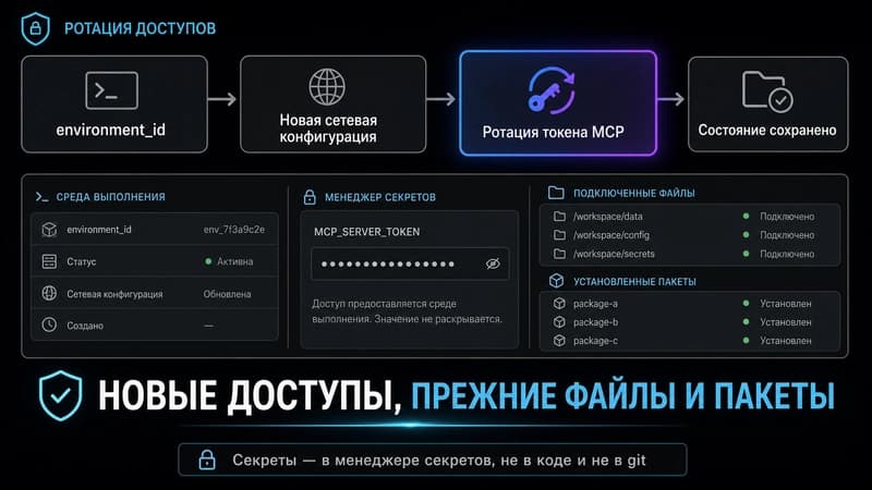 Схема авторизации: environment_id, ротация токена MCP и сохранение состояния песочницы