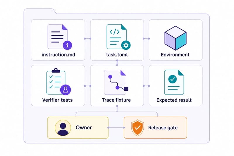 Anatomy diagram of an agent eval artifact with instruction, task config, environment, verifier tests, trace fixture, expected result, owner, and release gate.