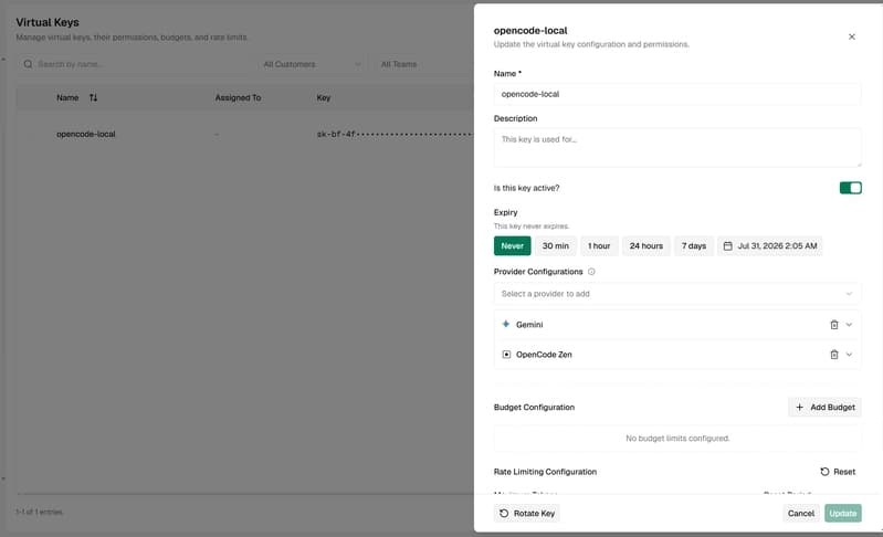 The Bifrost virtual keys dashboard, creating a key named opencode-local with Gemini and OpenCode Zen attached to it