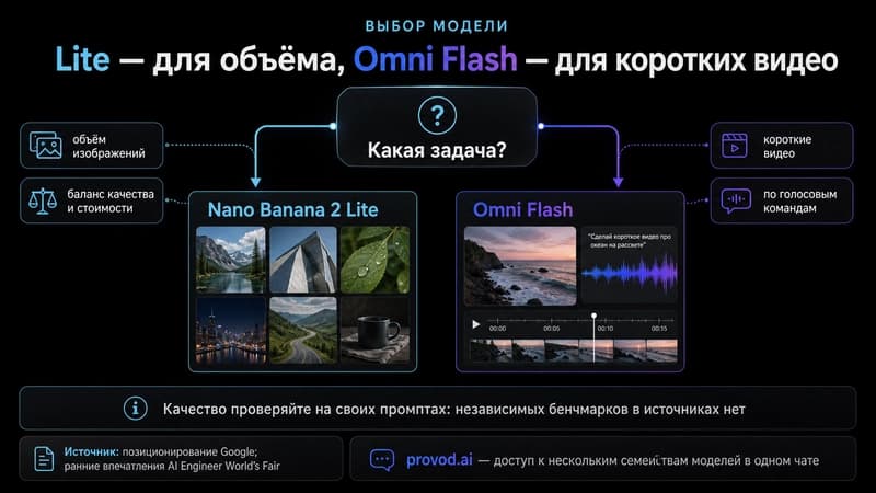 Сравнение по цене и назначению: Nano Banana 2 Lite для объёма изображений и Omni Flash для коротких видео