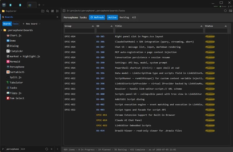 Tasks board — a Tabulator grid over the repo's markdown task docs