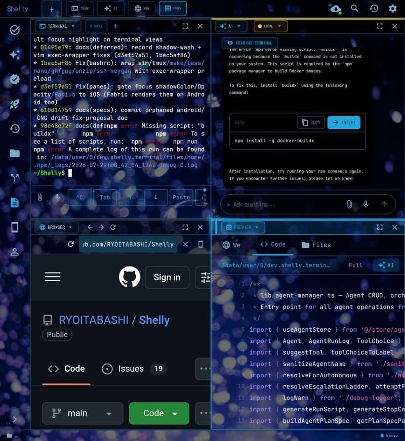 Four-pane unfolded layout on a Galaxy Z Fold6: Terminal, AI pane, Browser, and Preview side by side