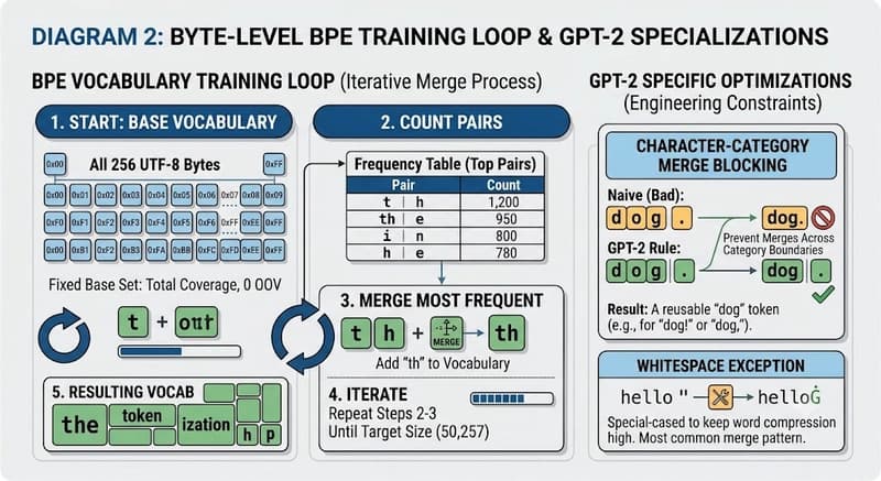Diagram illustrating the Byte-Level BPE training loop and GPT-2 specific optimizations like character-category merge blocking and whitespace handling.