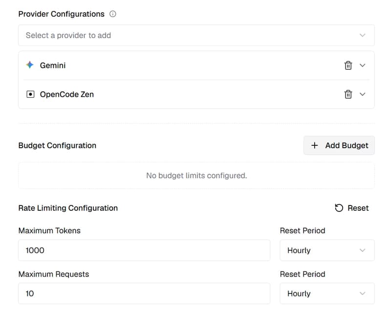 Rate limiting configuration for the virtual key, set to a maximum of 1000 tokens and 10 requests, both resetting hourly