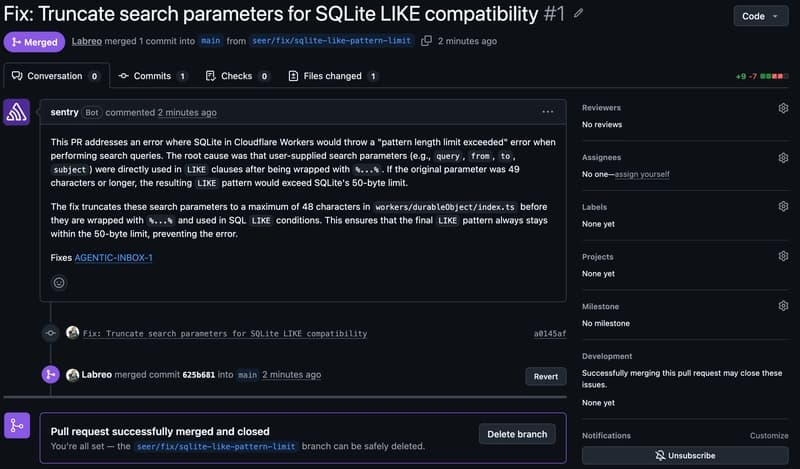 Sentry and automatically opened Pull Request