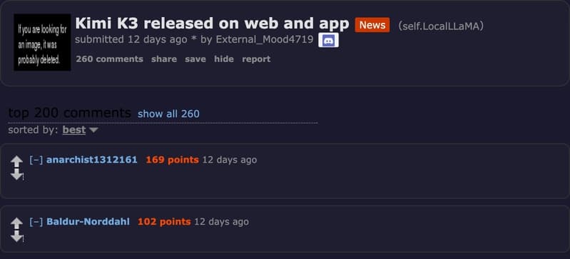 r/LocalLLaMA thread discussing Kimi K3 weights release — community asking if they can run the 2.8T model locally