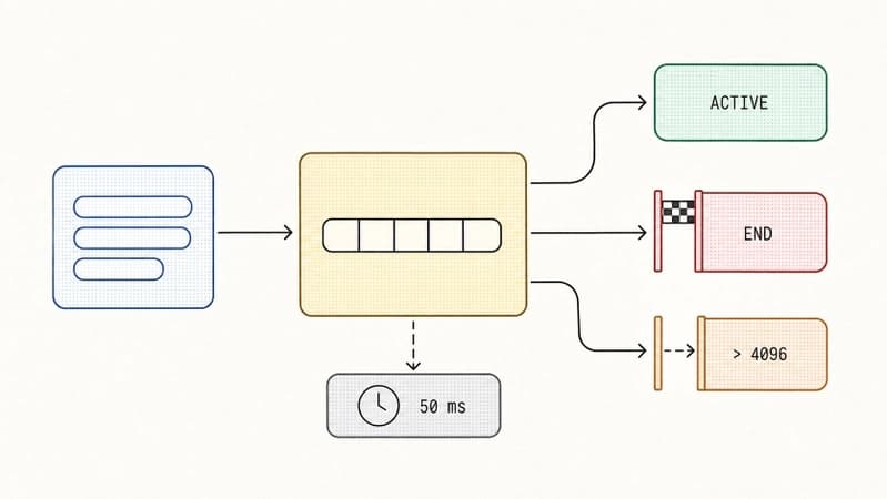 Pending text enters a per-frame budgeter. An active stream stays smooth, an END event flushes immediately, backlog over 4,096 is delivered as a batch, and a 50ms timer takes over when requestAnimationFrame is paused.