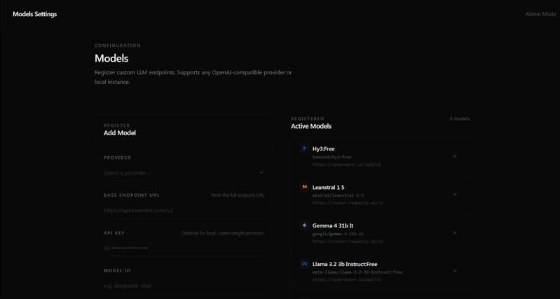 AutarkChat model registry for configuring AI providers, API endpoints, and available models