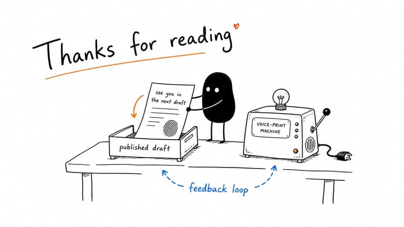 Hand-drawn thank-you illustration with a published draft, feedback loop, and voice-print machine for the end of an AI writing blog.