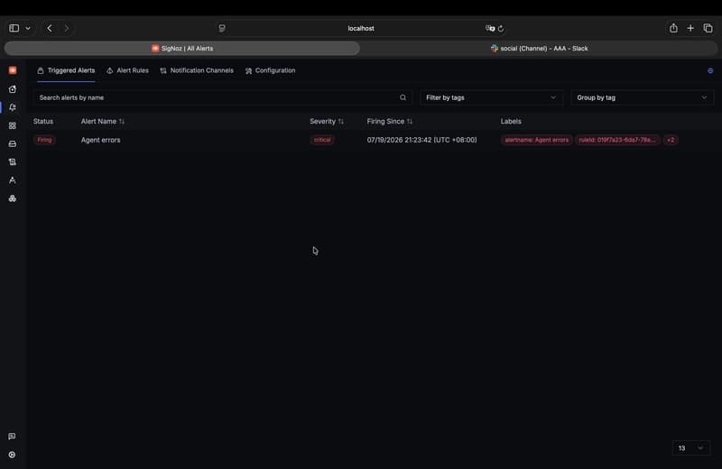 SigNoz alert rule showing status Firing after repeated agent errors within a 5-minute window