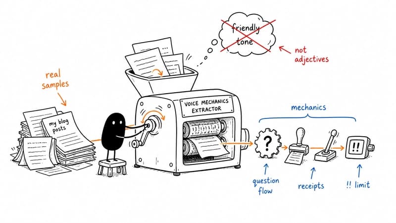 Minimal sketch of an AI voice system extracting writing mechanics from real blog samples instead of relying on vague tone instructions.