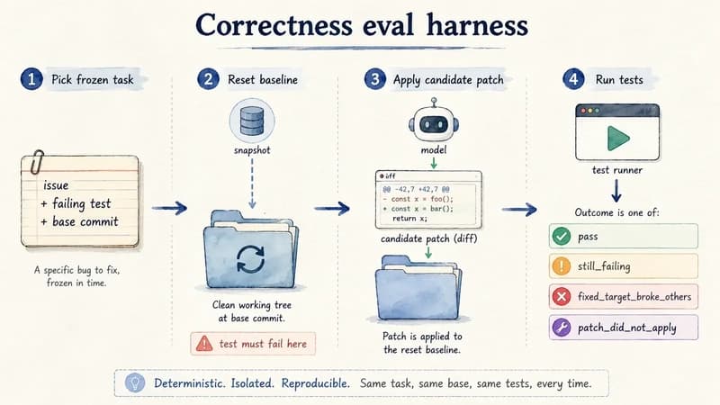 Architecture diagram of a correctness eval harness: pick a frozen task, reset the baseline, apply the candidate patch, then run the tests to produce one of four outcomes.