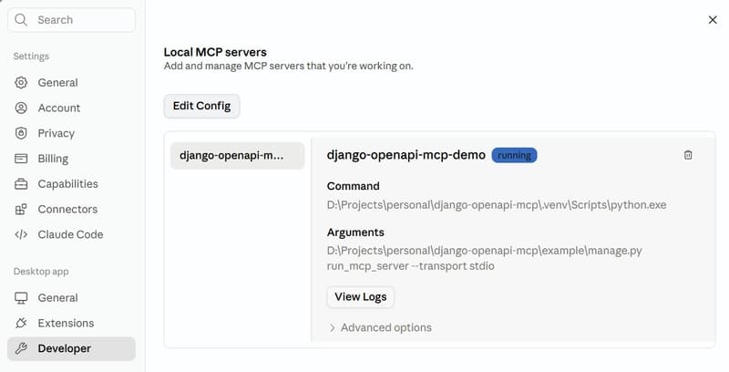 Claude Desktop connecting to the MCP server