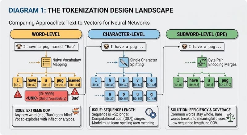 Diagram comparing Word-Level, Character-Level, and Subword-Level (BPE) tokenization, highlighting OOV issues, sequence lengths, and computational efficiency trade-offs.