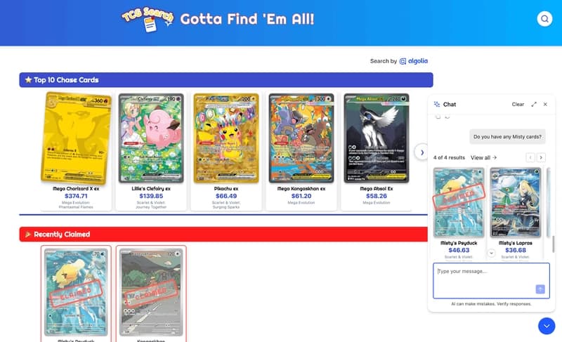 The v1 kiosk app with the chat docked in the bottom-right corner, separate from the search results