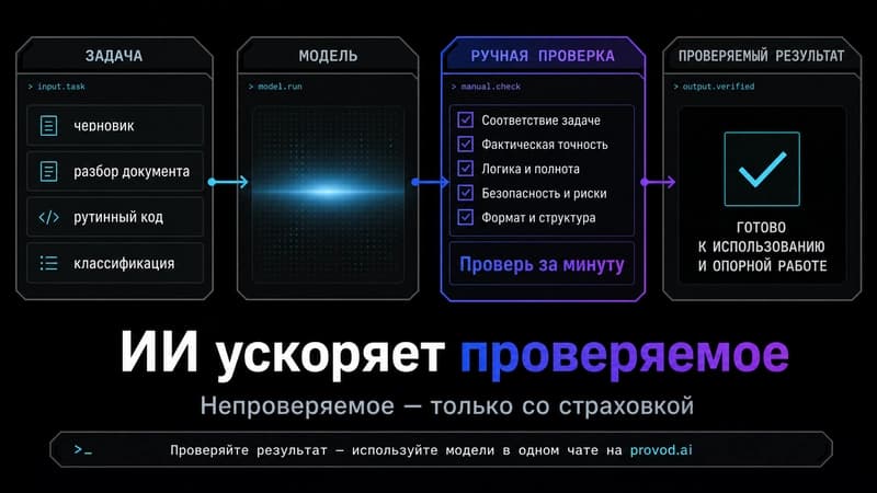 Схема: от задачи к проверяемому результату через модель и ручную проверку