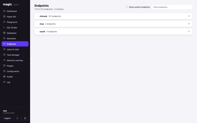 The Endpoints screen with modules expanded showing HTTP verb badges