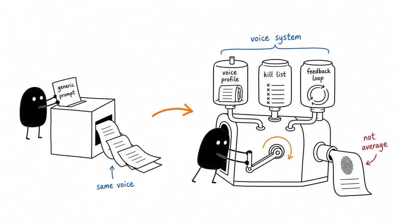 Hand-drawn illustration showing why a generic AI prompt creates bland writing, while a voice system with profile, kill list, and feedback loop creates personal output.