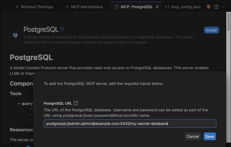 PostgreSQL MCP server setup in Windsurf