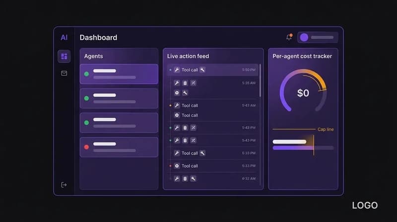 Stylized dashboard mockup showing AI agent monitoring, a live action log of tool calls, and per-agent cost tracking with spending caps.