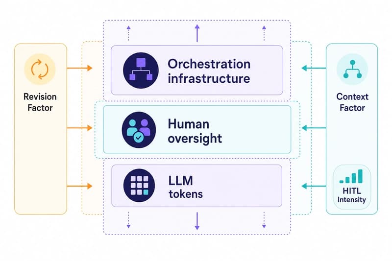 Stacked cost model for agentic software engineering showing token, human oversight, and infrastructure costs with revision and context amplifiers.