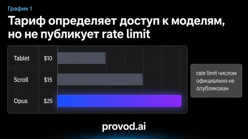 Горизонтальная диаграмма месячных цен трёх подписок NovelAI с пометкой об отсутствии опубликованного rate-лимита.