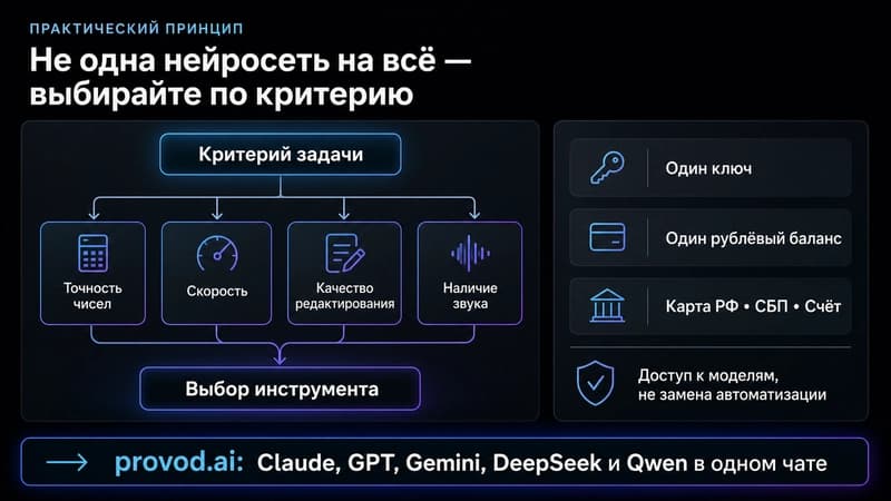 Схема выбора модели под задачу и структура рублёвого баланса вместо нескольких зарубежных подписок