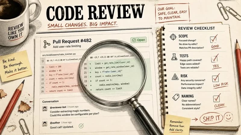 A code review desk: a magnifying glass over a pull request diff, beside a checklist for Scope, Tests, Risk, and Naming.