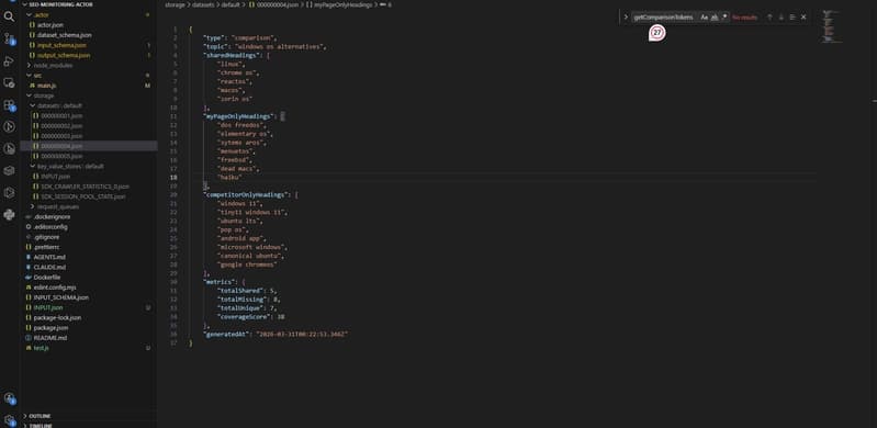 First comparison summary result showing raw heading overlap before cleanup