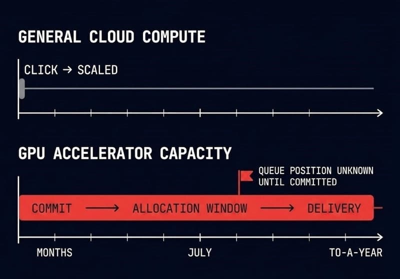 GPU accelerator lead times versus cloud elasticity — order-to-delivery timeline compared to instant scaling