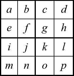 Sudoku board with labels a to p