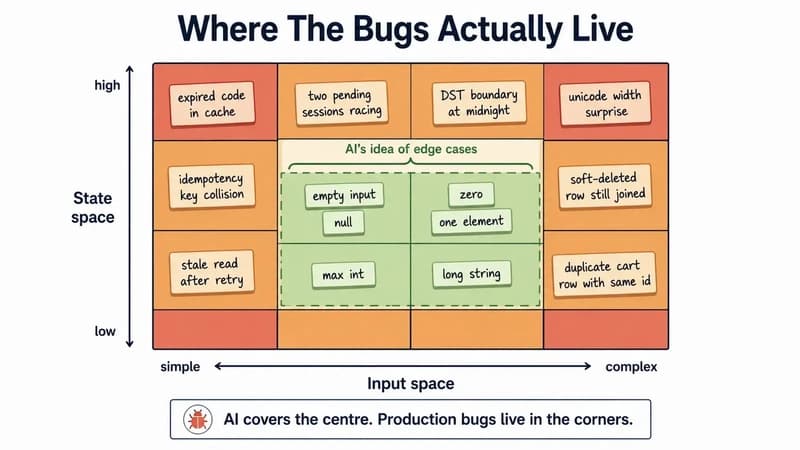 A 4-by-4 grid where AI's idea of edge cases (empty input, null, zero, max int) fills the green center while real production bugs (DST boundary, idempotency key collision, stale read after retry) live in the amber corners