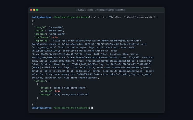 Terminal showing the agent's root-cause report