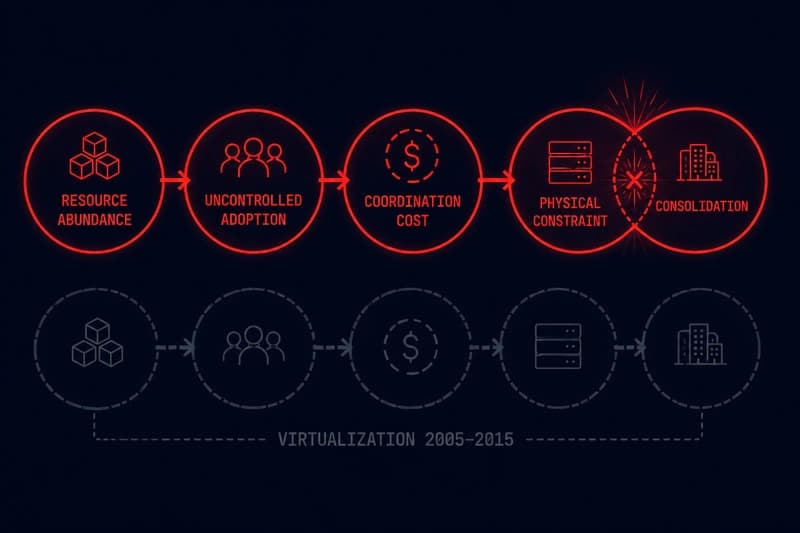 AI infrastructure consolidation — five-stage forcing-function sequence from resource abundance to unavoidable consolidation