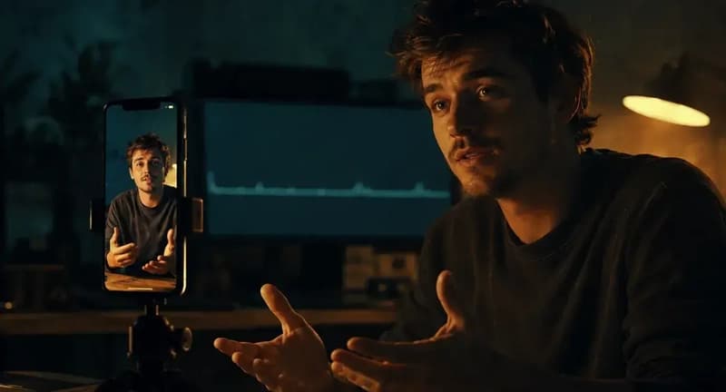A solo creator at night, smartphone on a tripod filming a short — flat analytics visible on the desktop screen behind