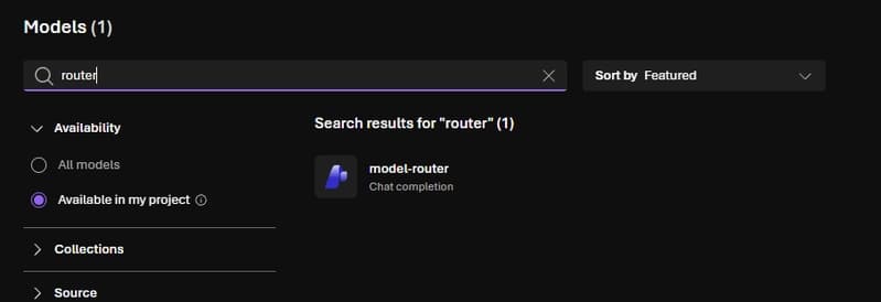Microsoft Foundry model catalog search results showing the model-router model.
