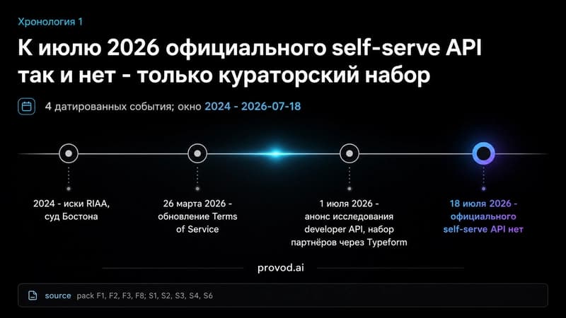 Таймлайн событий вокруг статуса API Suno с 2024 по июль 2026 года