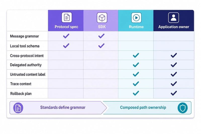 Responsibility matrix showing protocol specs and SDKs handling local grammar while runtime and application owners handle cross-protocol intent, authority, content labels, trace context, and rollback.