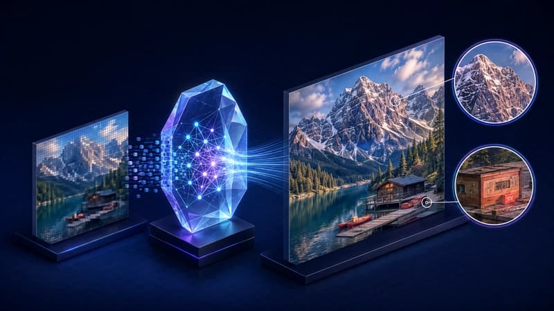 AI super-resolution transforms a pixelated source into a sharper image while inventing plausible fine details.