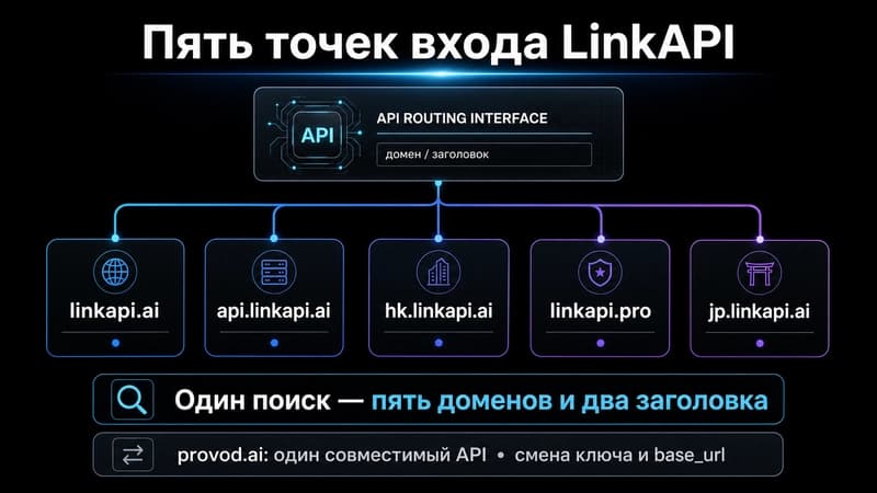 Пять региональных точек входа LinkAPI: linkapi.ai, api.linkapi.ai, hk.linkapi.ai, linkapi.pro, jp.linkapi.ai