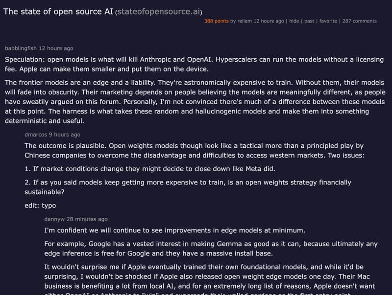 Hacker News thread discussing Mozilla's State of Open Source AI report — 386 points, 284 comments