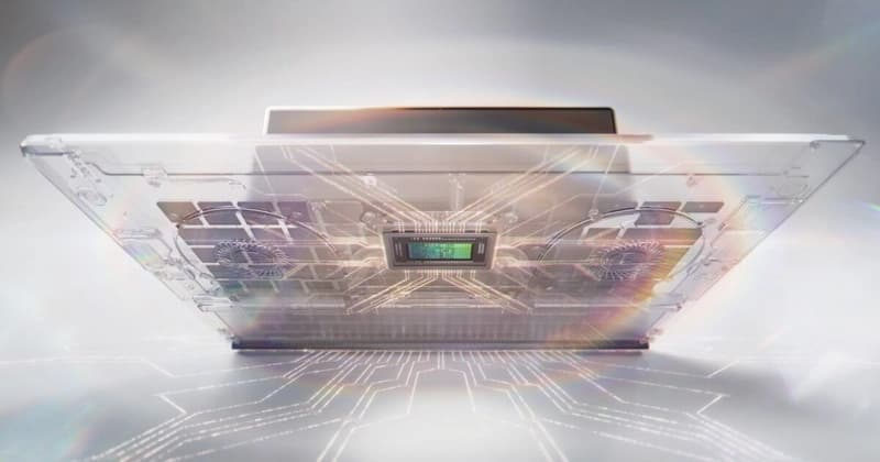 Transparent view of an NVIDIA RTX Spark laptop showing its central chip and cooling system